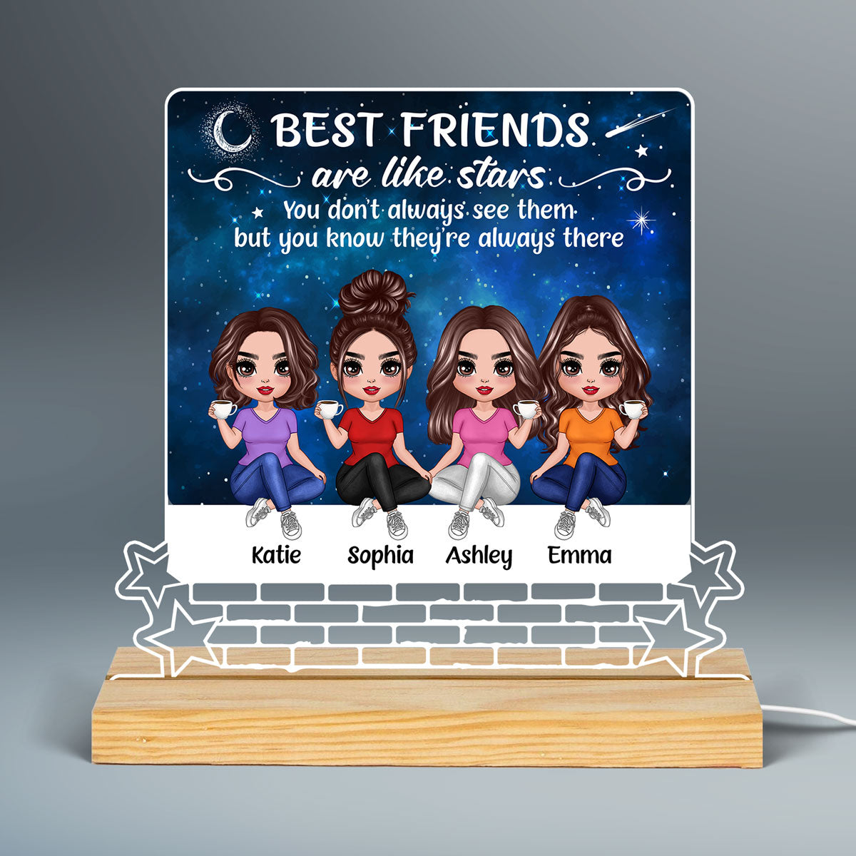 Besties Sisters Are Like Stars Galaxy Doll Women Sitting On Brick Wall Personalized Acrylic Custom Shape LED Night Light