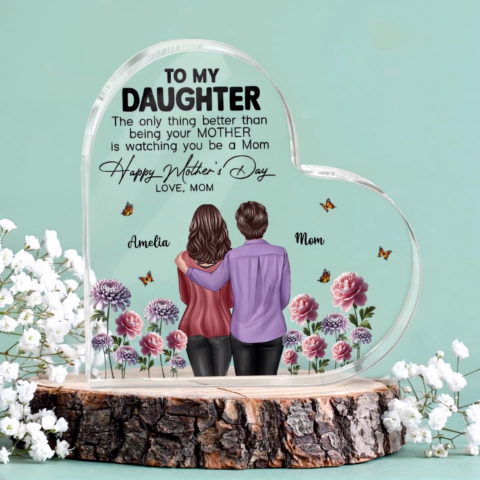 To My Daughter From Mom Happy Mother's Day Birth Flower Personalized Heart Acrylic Block Plaque