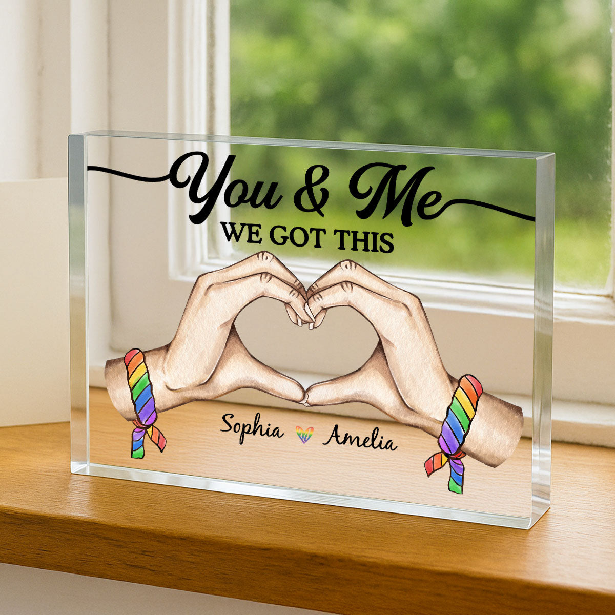 Pride Month LGBT Couple Heart Hands Personalized Rectangle Acrylic Block Plaque, Gift For Couple
