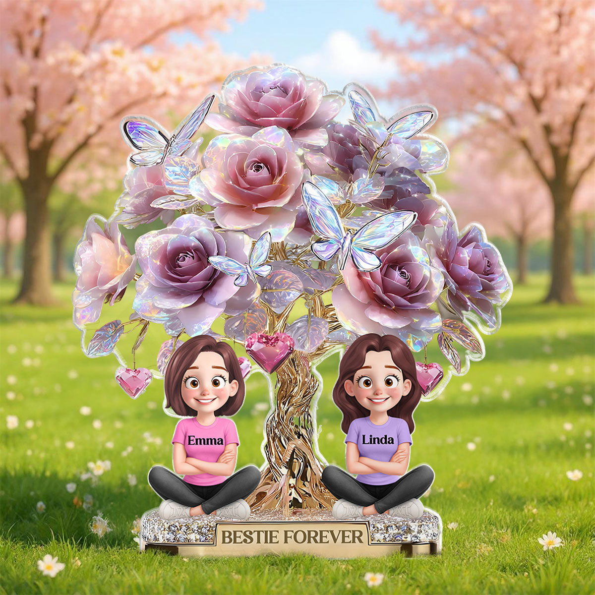 3D Effect Rose Tree Besties Sisters Personalized Acrylic Block Plaque