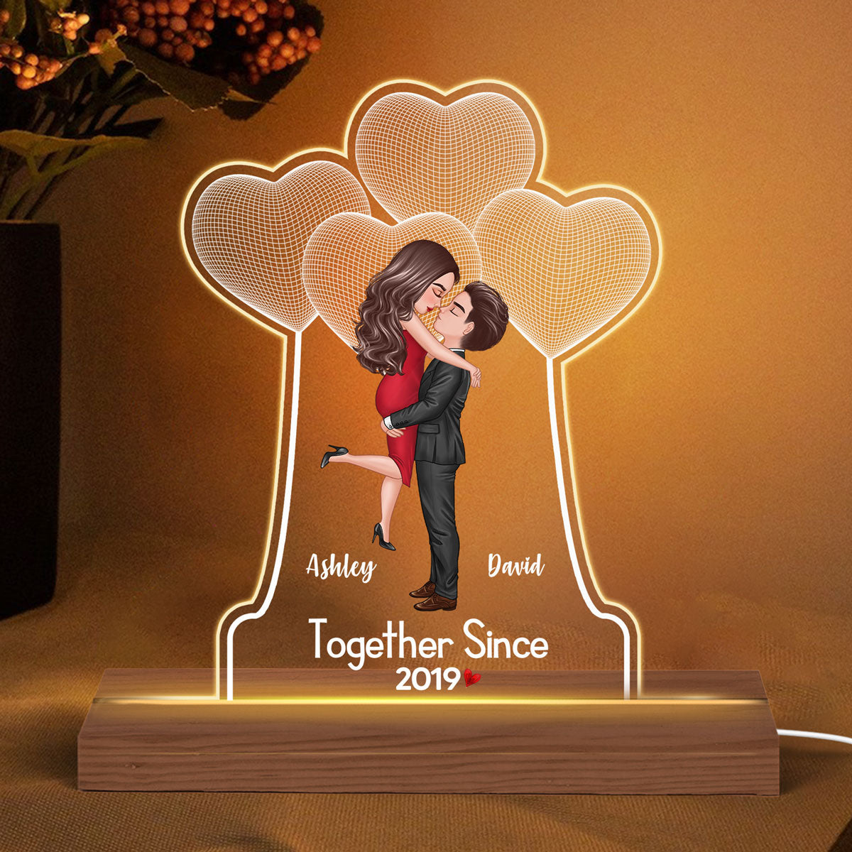 Kissing Couple Under 3D Heart Personalized Custom Shape Acrylic Plaque With LED Night Light - Anniversary Gift For Him - Gift For Her