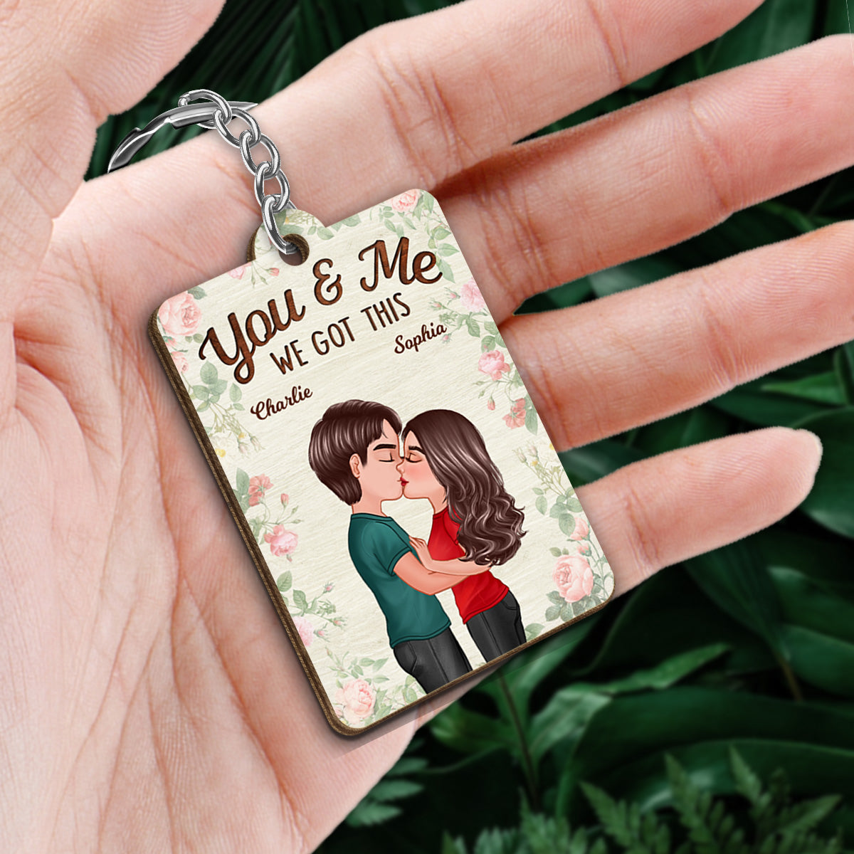 Roses Doll Couple Kissing Favorite Song Scannable QR Code Personalized Wooden Keychain