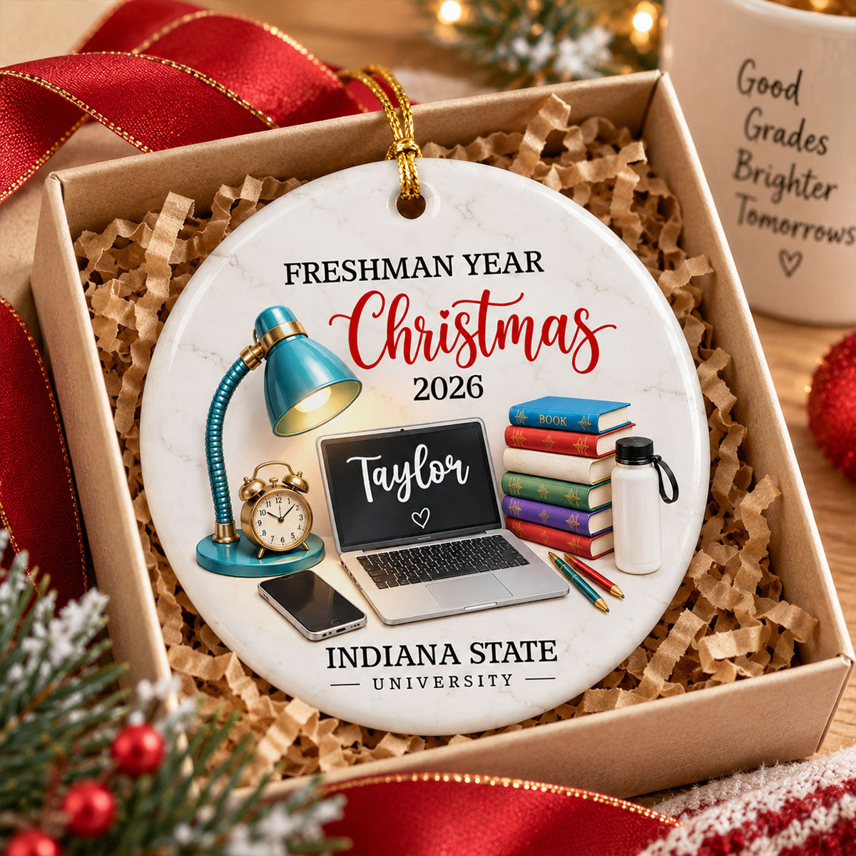 Freshman Year Christmas Study Desk – Personalized Ceramic Ornament – College Student Christmas Gift, First Year Keepsake