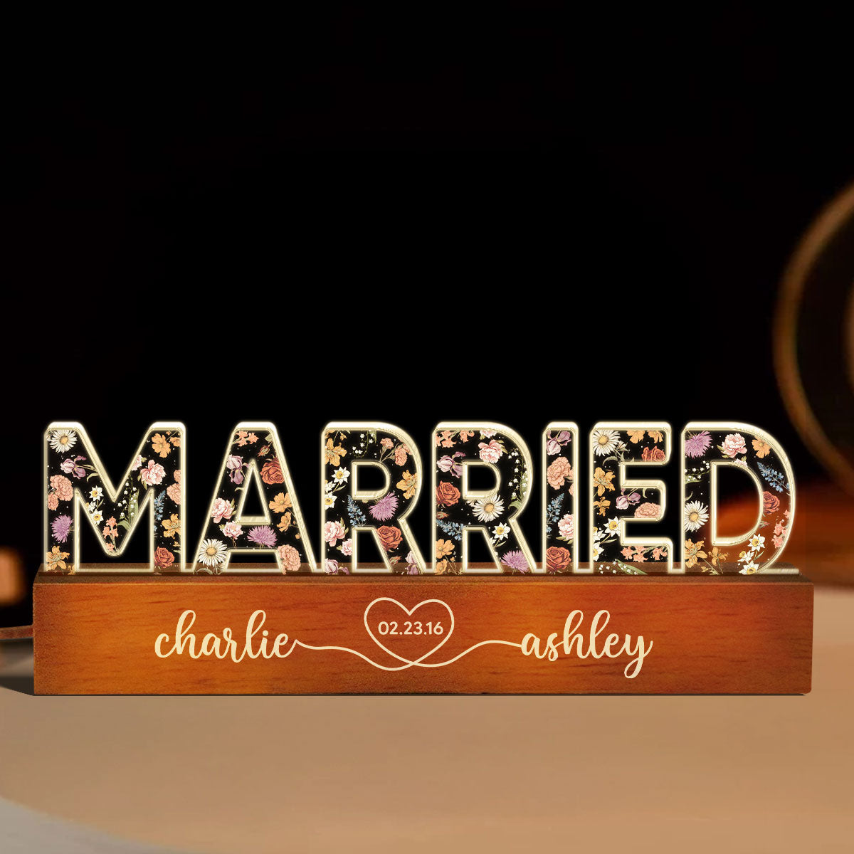Personalized Couple Wedding Married Floral Theme Anniversary Gift Acrylic Block LED Night Light, Heartfelt 2025  Gift, For Him, For Her, For Husband, For Wife
