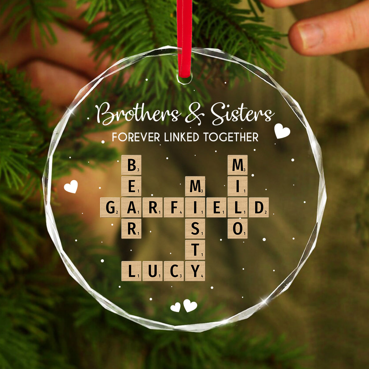 Brothers Sisters Siblings Forever Linked Together Crossword Puzzle Art - Personalized Glass Ornament - Gift For Siblings