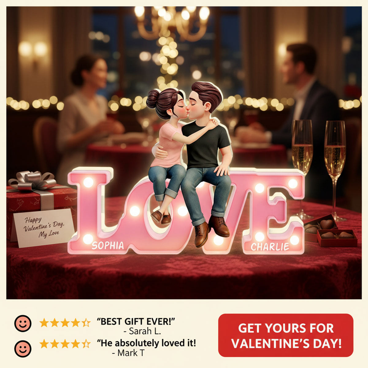 Everlasting LOVE Couple Sitting Kissing - Personalized Light Box - Valentine's Day Gift For Couple, For Him, For Her