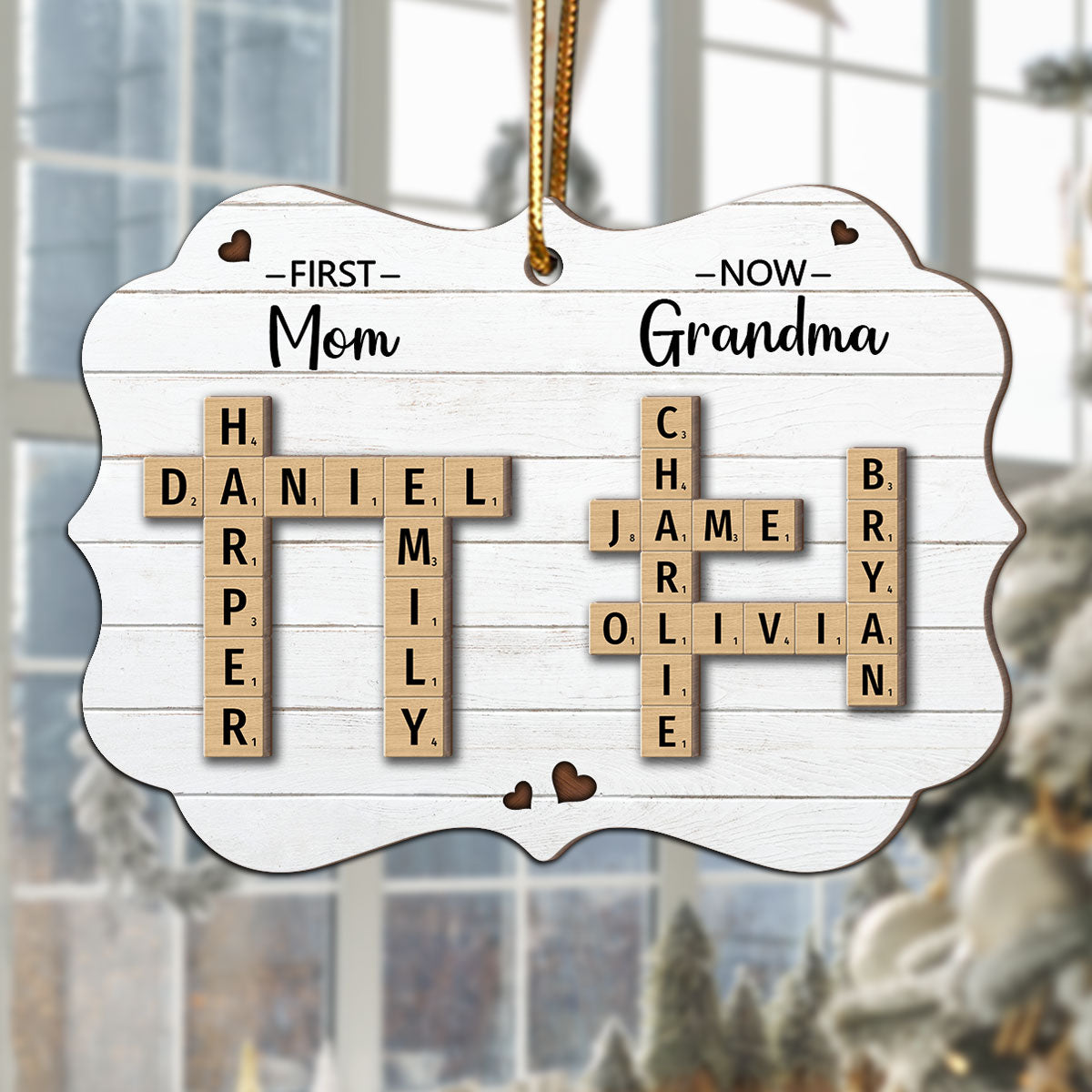 First Mom Now Grandma Crossword Puzzle Art Personalized 2-Layer Wooden Ornament, Christmas Gift For Grandma, Gift For Mom
