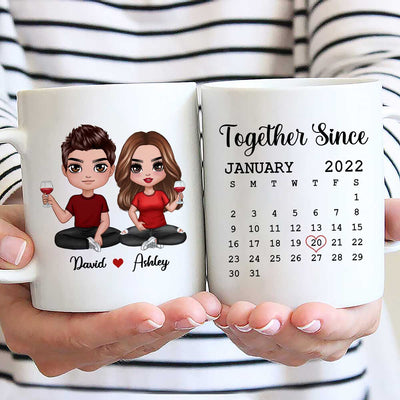 Doll Couple Sitting Anniversary Date Calendar Personalized Mug - Gift For Couple - Gift For Him - Gift For Her