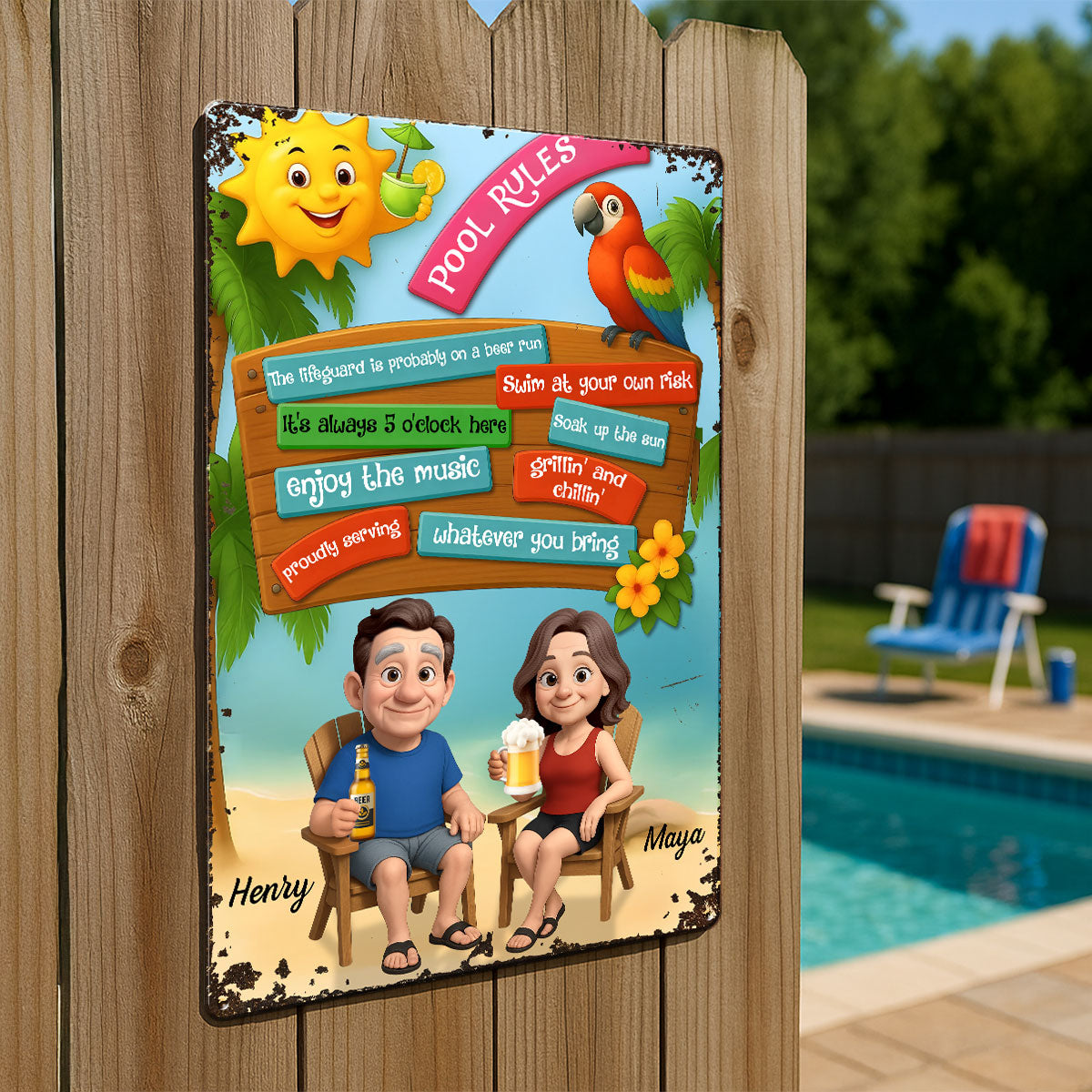 Pool Rules Couple Summer 3D Effect Personalized Metal Sign