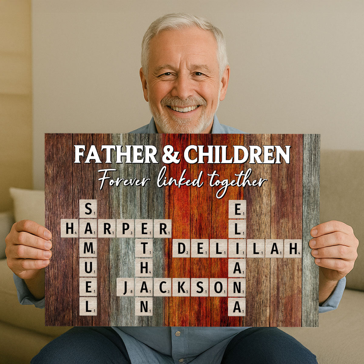 Father & Daughters Sons Forever Linked Together Crossword Puzzle Art Rustic Personalized Poster, Heartfelt Gift For Dad