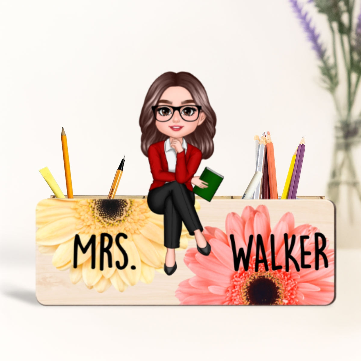 Teacher Daisy Flower Personalized Pencil Holder, 2-Layer Wooden Plaque, Back To School Gift, Classroom Decor