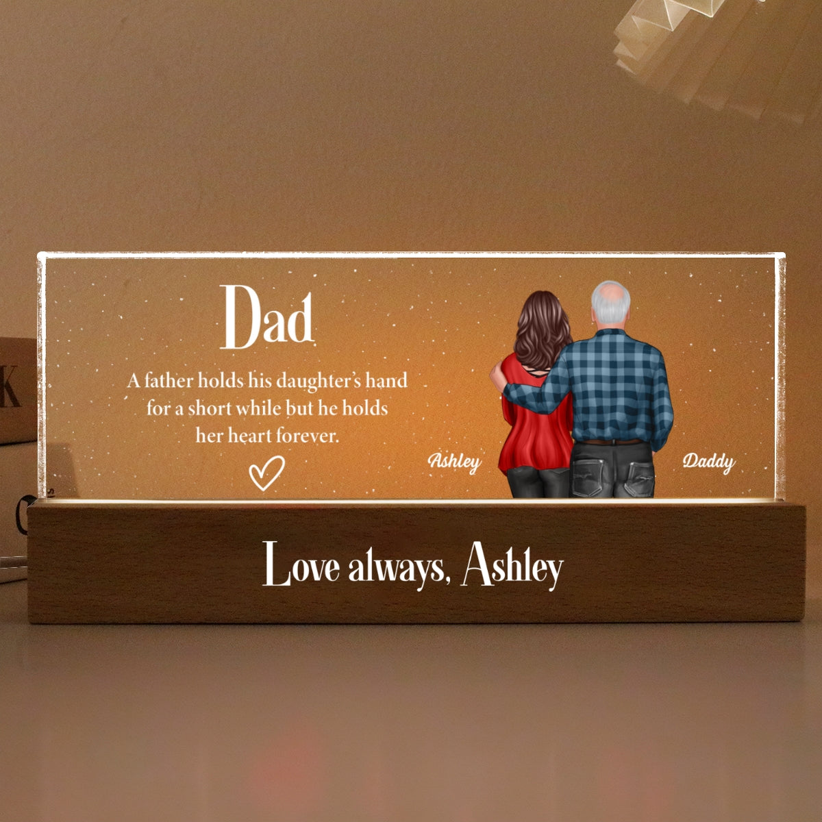 Father Daughter, Son Standing Back View Personalized Acrylic LED Night Light, Unique Father's Day Gift for Dad