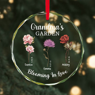 Grandma's Garden Blooming In Love Personalized Glass Ornament, Christmas Gift For Grandma Granddaughter Grandson