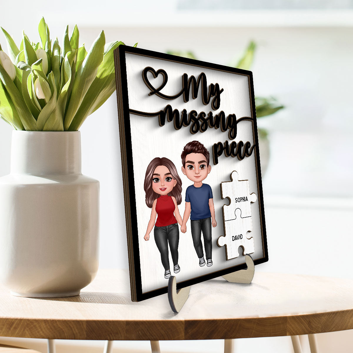 My Missing Piece Couple Standing Holding Hands Valentine‘s Day Gift For Her Gift For Him Personalized 2-Layer Wooden Plaque