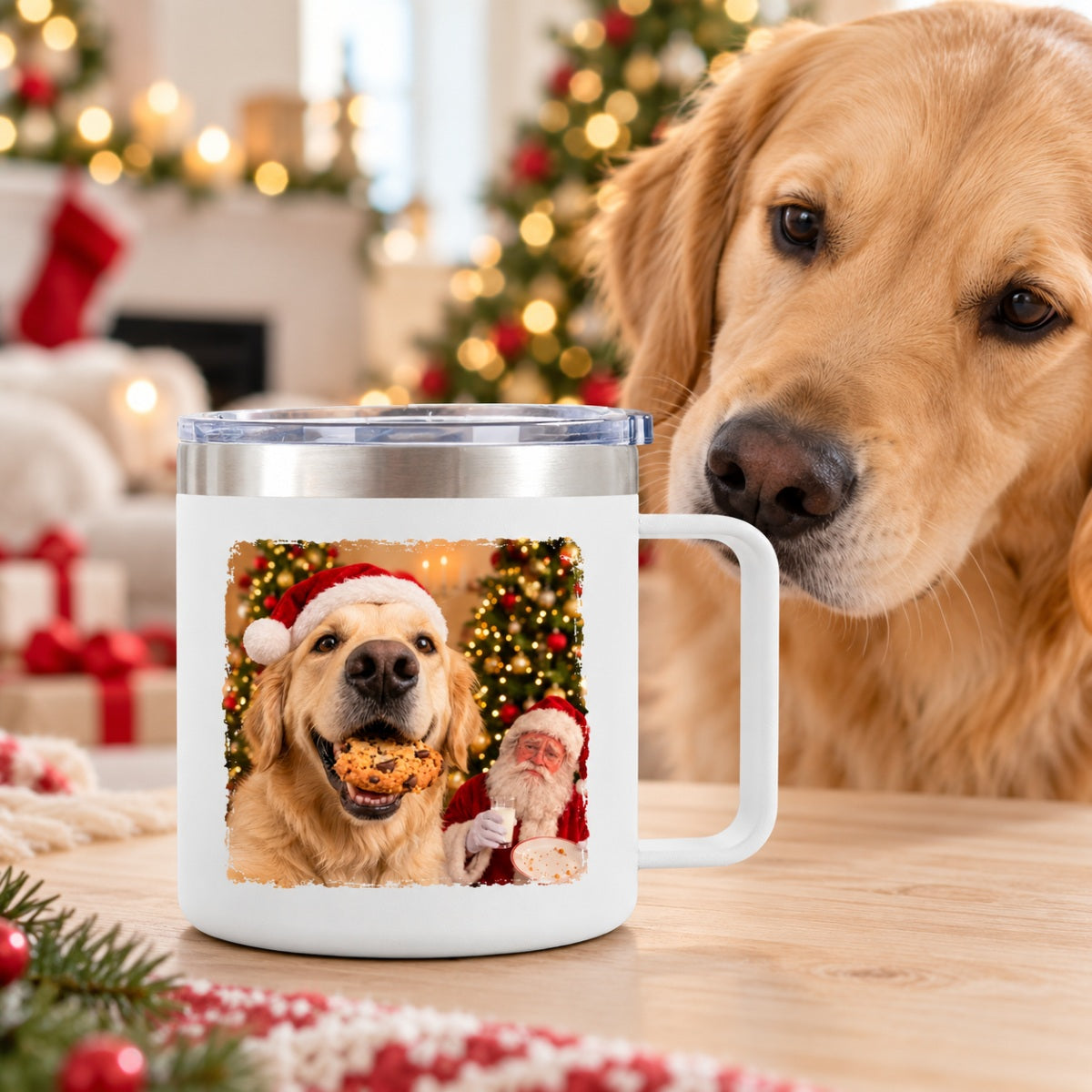 Dog Cat Steal Cookie From Santa Upload Pet Photo - Personalized Stainless Steel Tumbler With Handle - Funny Christmas Gift For Dog Lovers, Cat Lovers, Pet Lovers