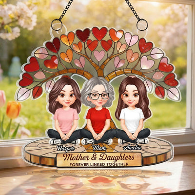 Mom And Son Daughter Under Heart Tree Forever Linked Together - Personalized Suncatcher Ornament - Gift For Mom