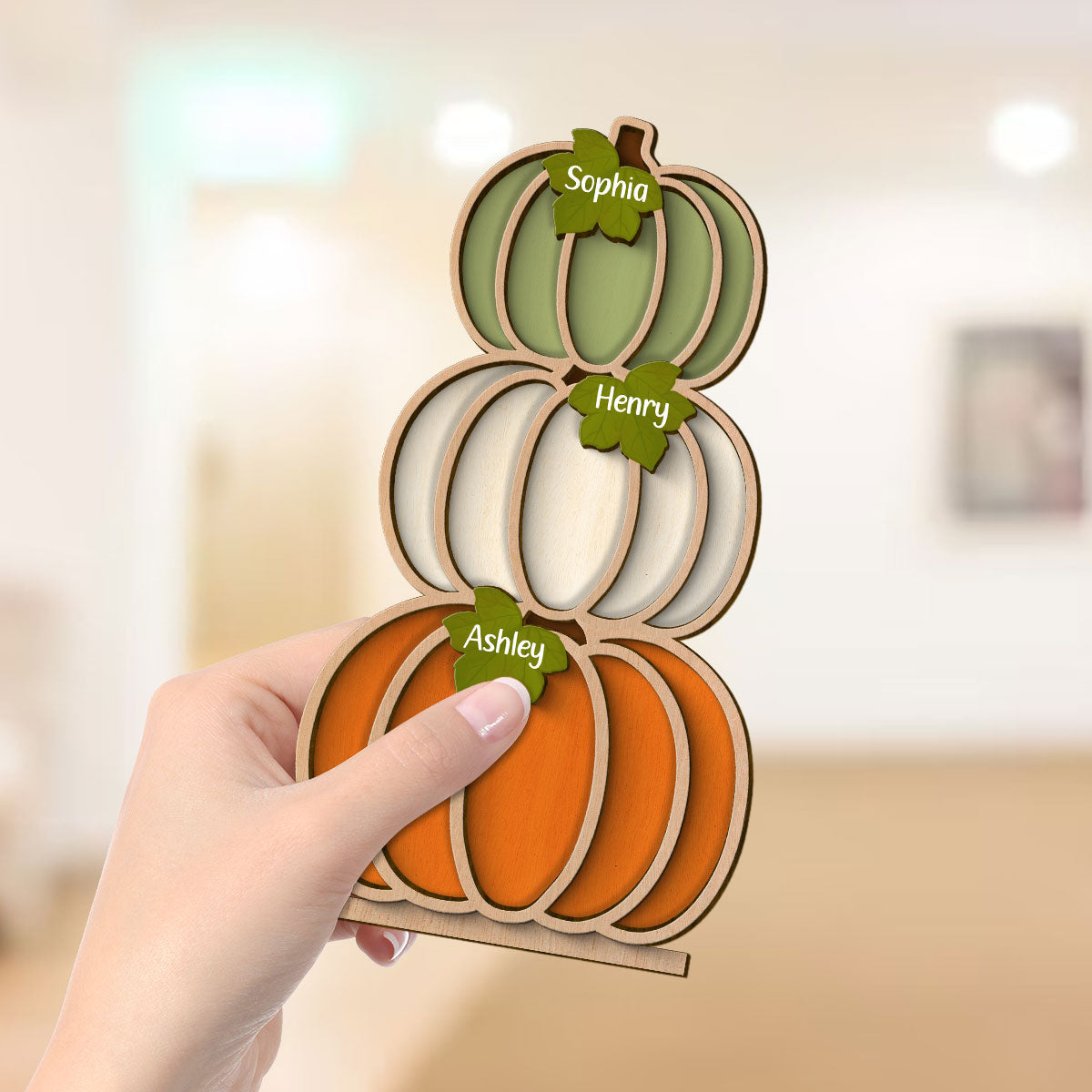 Fall Season Pumpkins Stack With Names Personalized 2-Layer Wooden Standing Plaque
