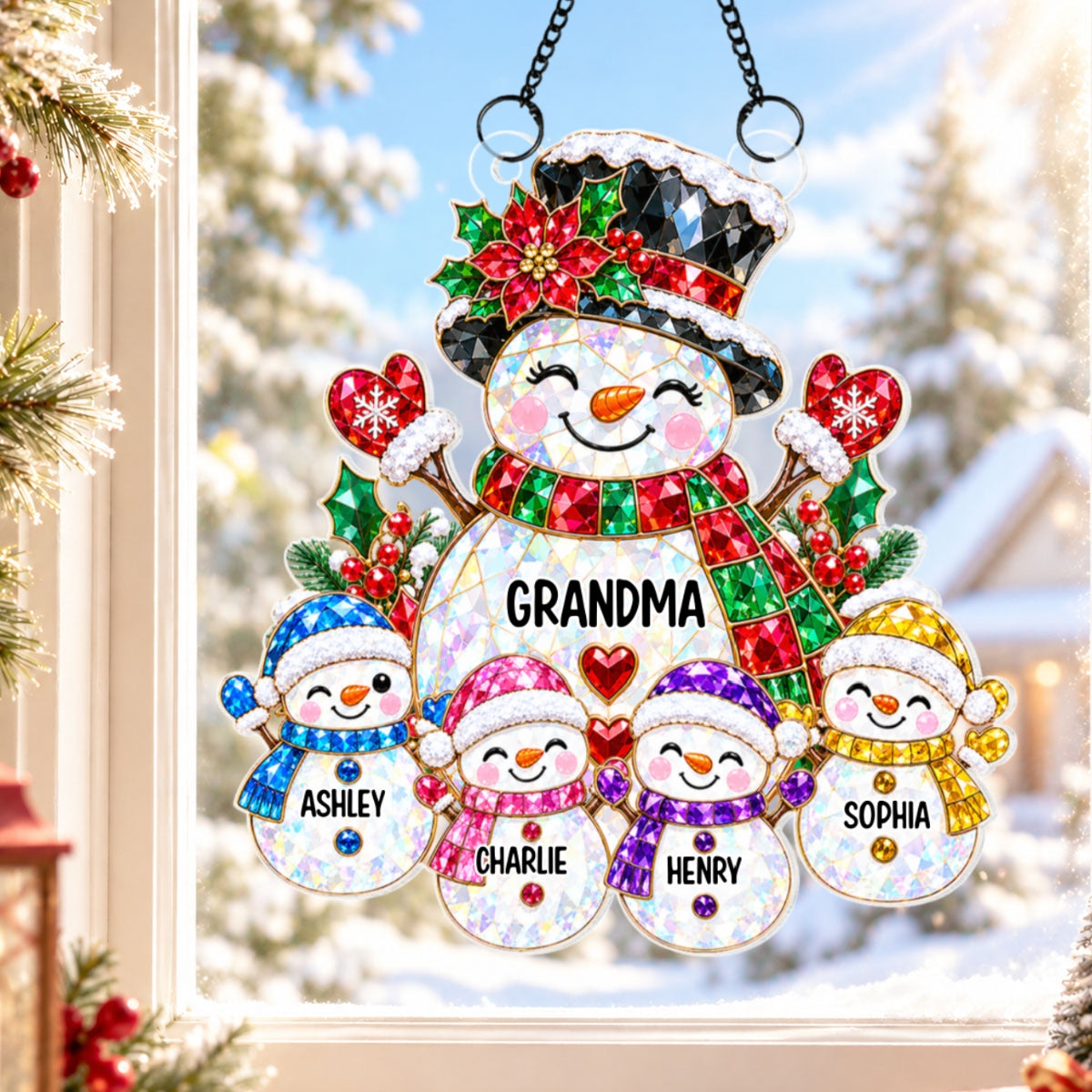 Grandma's Little Snowmen - Personalized Acrylic Window Hanging - Christmas Gift For Grandma