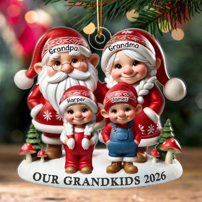 3D Effect Gnome Grandma Grandpa And Grandkids - Personalized Acrylic Ornament - Heartfelt Gift For Grandparents, Grandkids