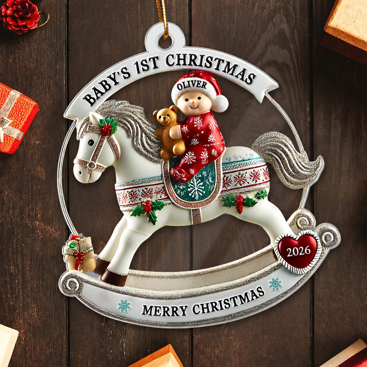 Baby First Christmas Newborn On Horse Keepsake 3D Effect Personalized Acrylic Ornament