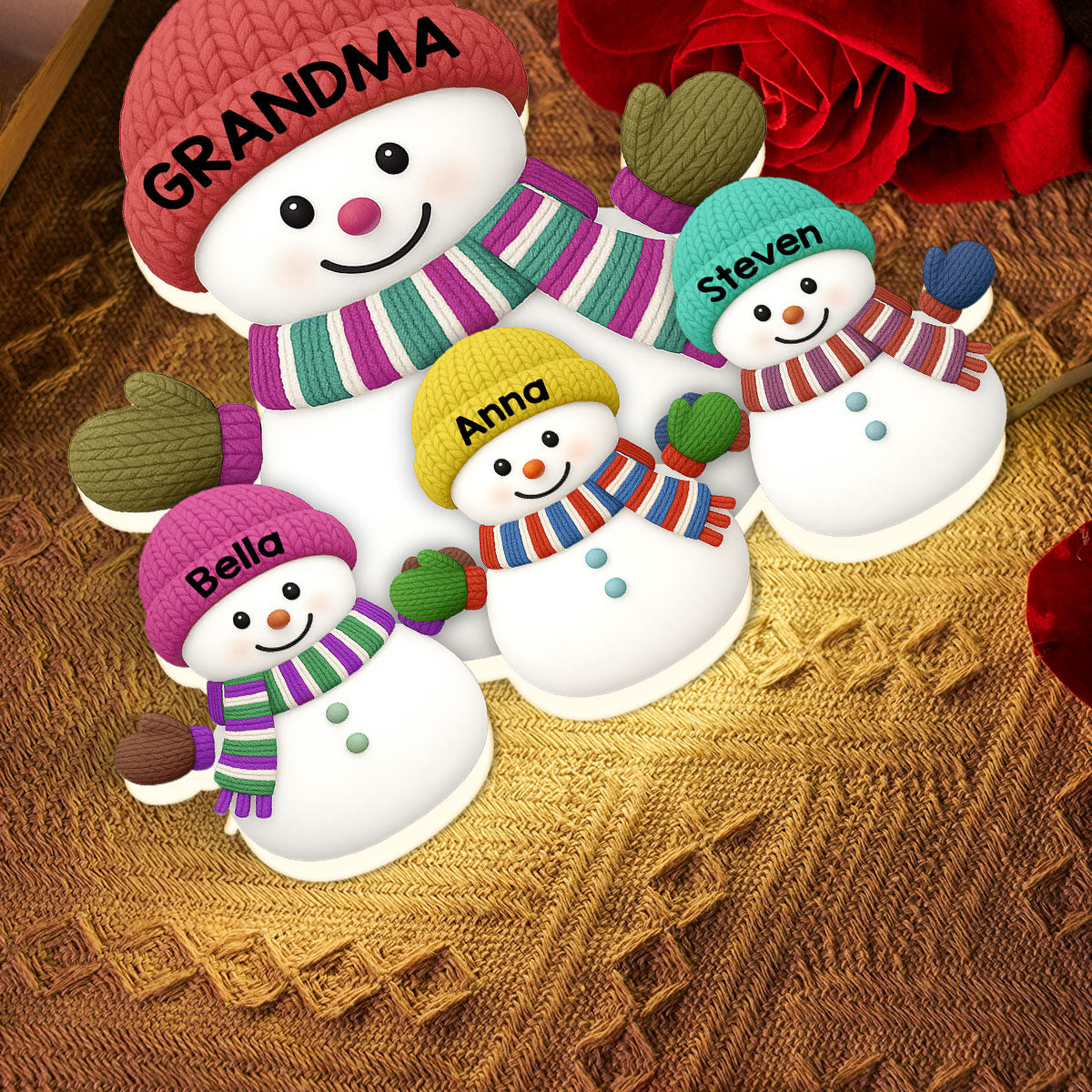 3D Effect Heartwarming Christmas Grandma Grandkids Snowman Together - Personalized Light Box - Gift For Grandmas