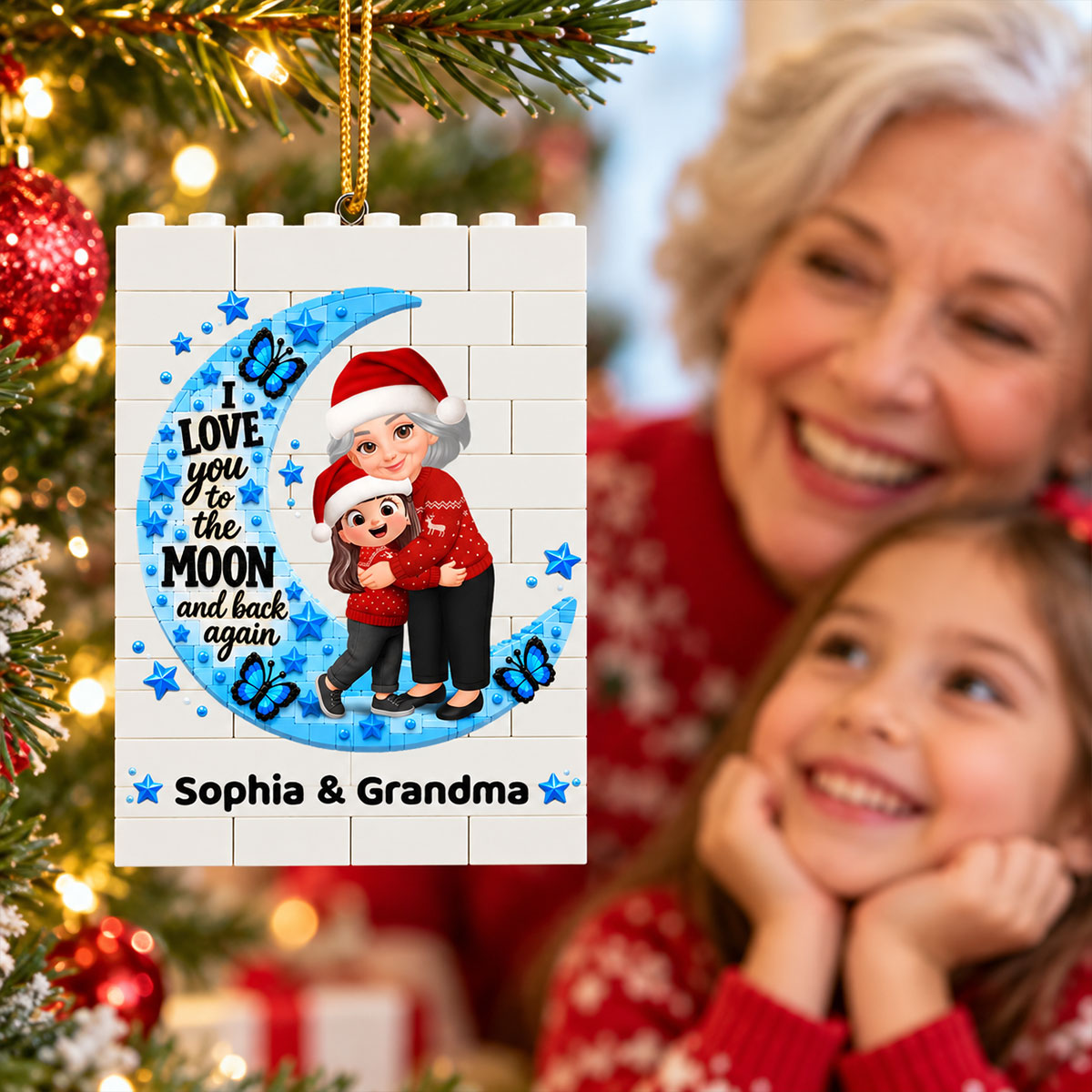 Heartwarming Grandma Hugging Grandkid Love You To The Moon And Back - Personalized Building Blocks Ornament - Christmas Gift For Kids, Son, Grandson, Daughter, Granddaughter