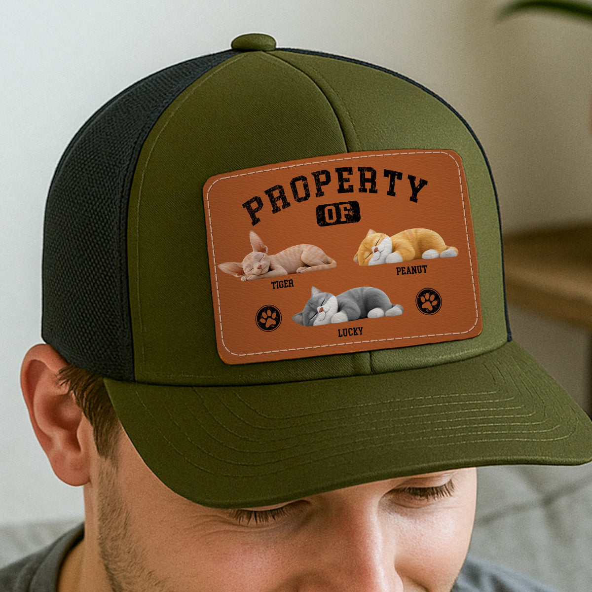 Property Of Cute Sleeping Cats Personalized Leather Patch Hat, Father's Day gift