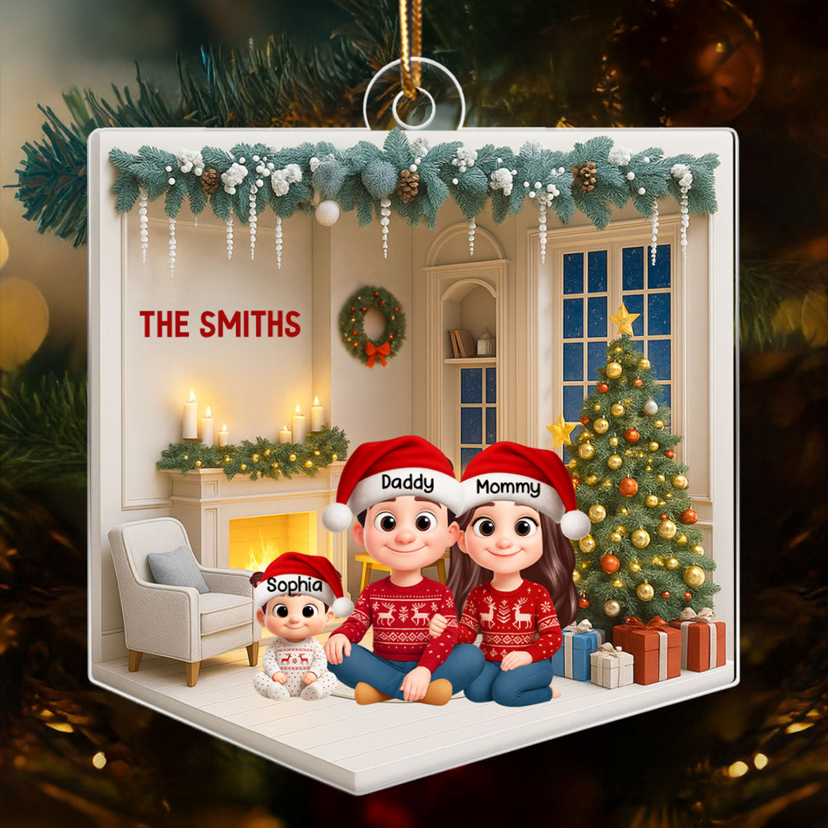 3D House Interior Family Sitting - Personalized Acrylic Ornament - Christmas Gift for Family