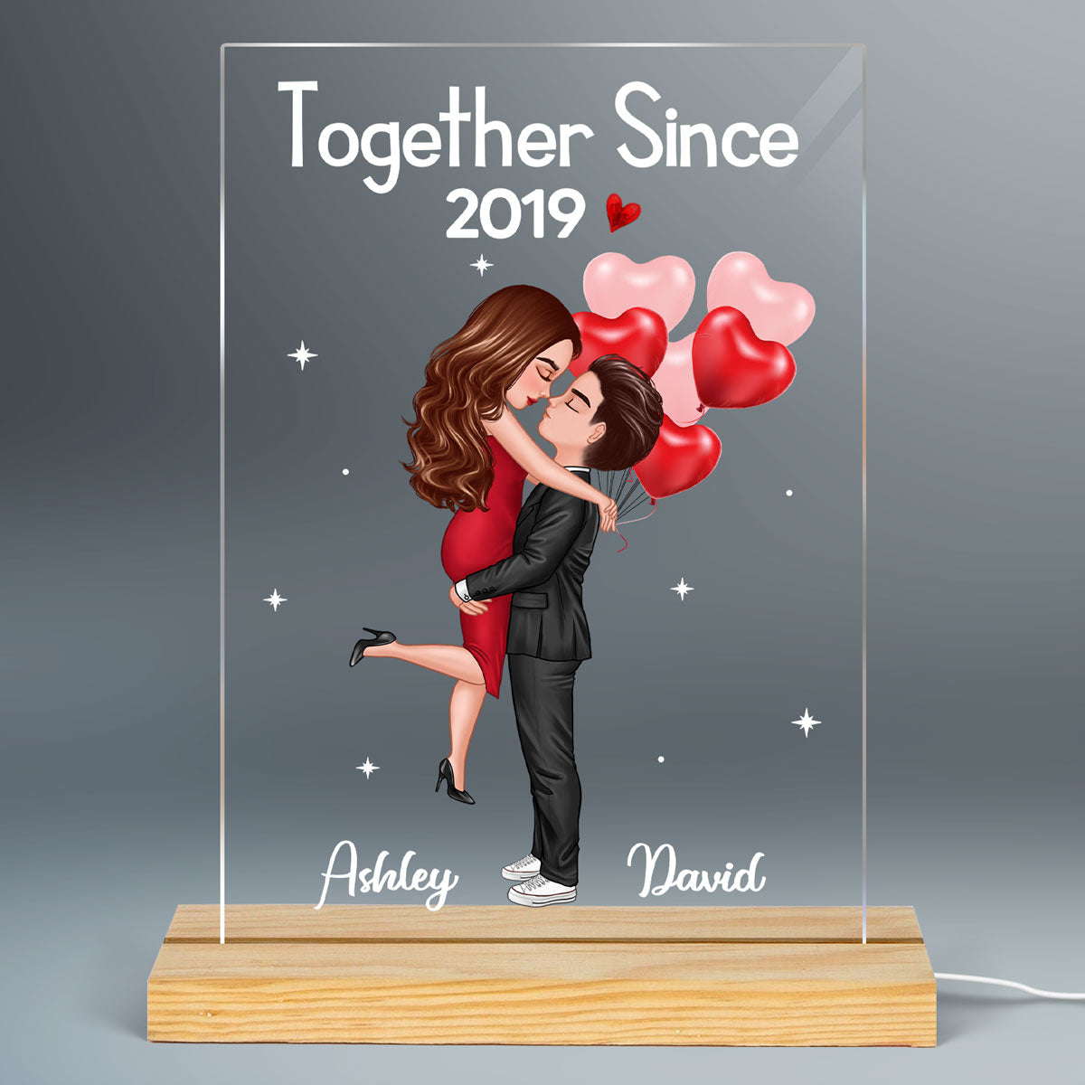 Doll Hugging Couple Valentine‘s Anniversary Gift For Him Gift For Her Personalized Rectangle Acrylic Plaque LED Lamp Night Light