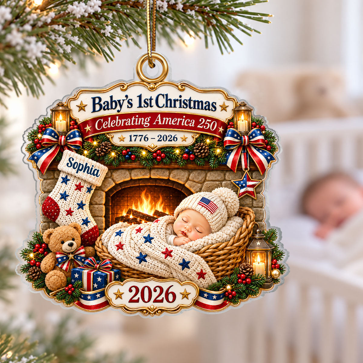 Baby By Fireplace Baby's First Christmas 2D Flat - Personalized Acrylic Ornament - 250th America 1776 - 2026 Anniversary, Patriotic Christmas Decor, Gifts for New Parents