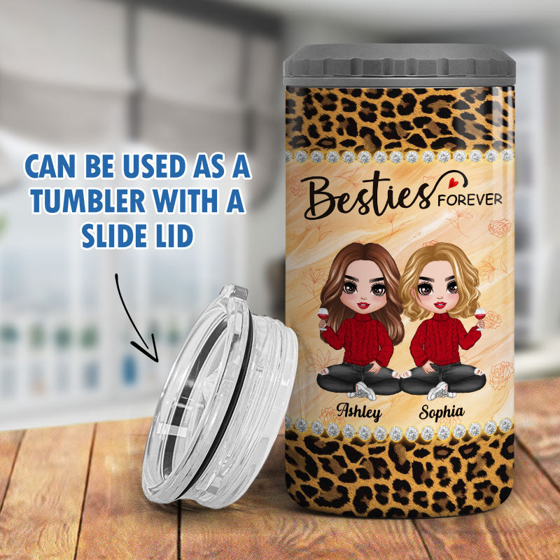 Leopard Pattern Doll Besties Sisters Sitting Personalized 4 In 1 Can Cooler