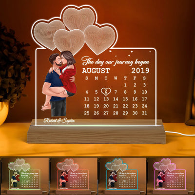 Man Holding Woman Kissing Under 3D Heart Anniversary Date Calendar Personalized Custom Shape Acrylic Plaque With LED Night Light