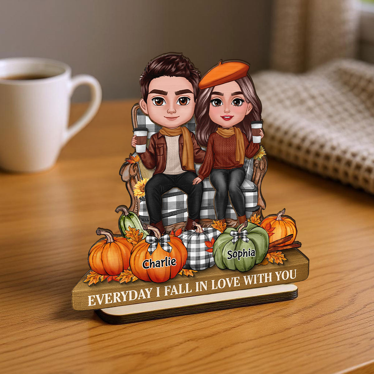 3D Effect Fall Season Couple Sitting Pumpkins Personalized 2-Layer Standing Wooden Plaque