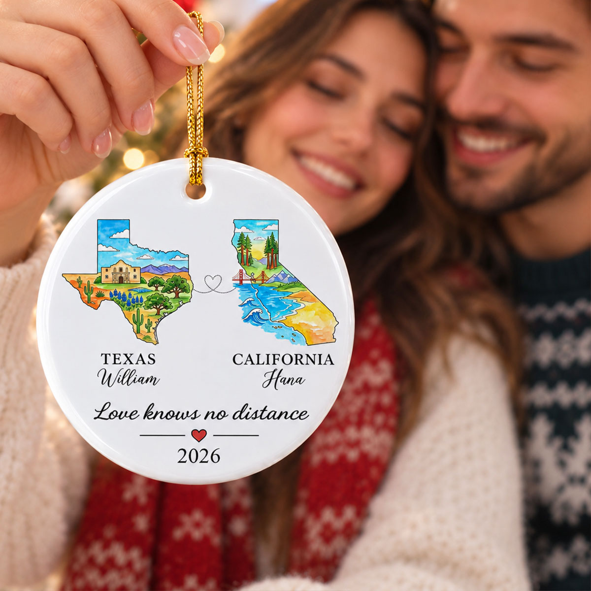 Love Knows No Distance State Map - Personalized Ceramic Ornament - Christmas Gift For Long Distance Couples, Boyfriend, Girlfriend, Husband, Wife