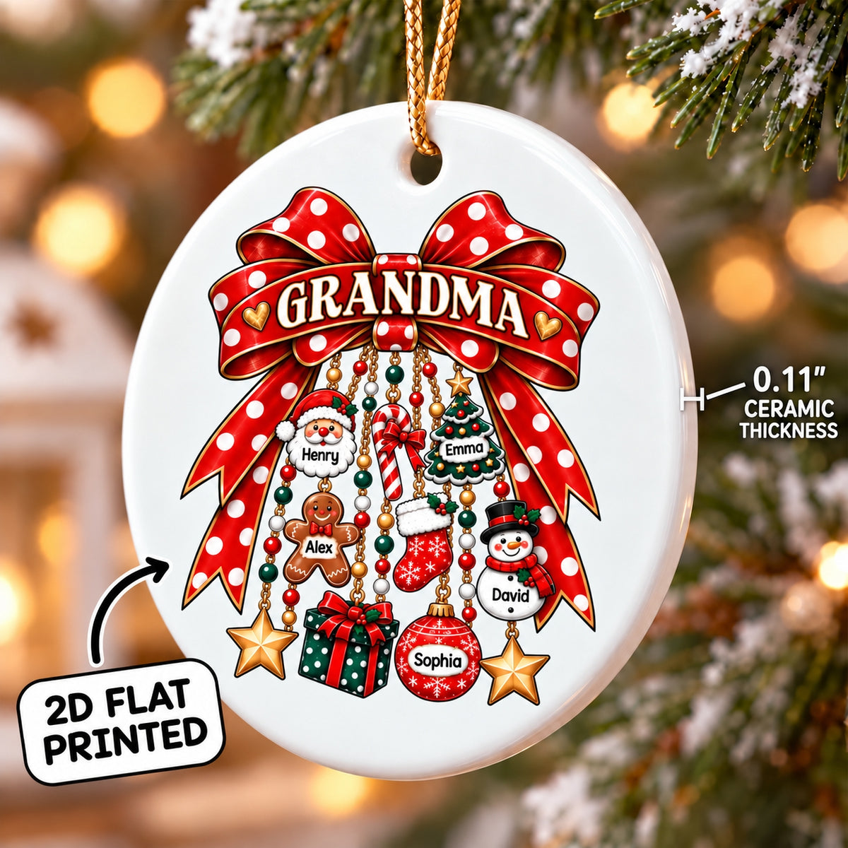Grandma Retro Christmas Charm Bow - Personalized Ceramic Ornament - Trendy Christmas Ornament for Grandma