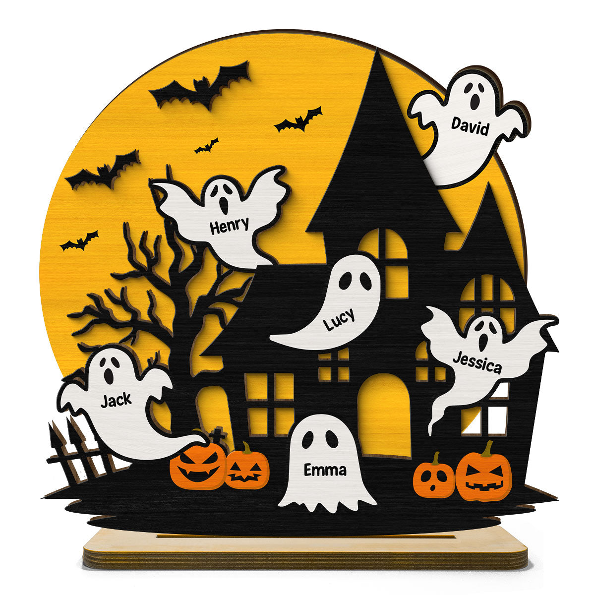 Haunted House Family Boo Personalized 2-Layer Standing Wooden Plaque, Halloween Decoration