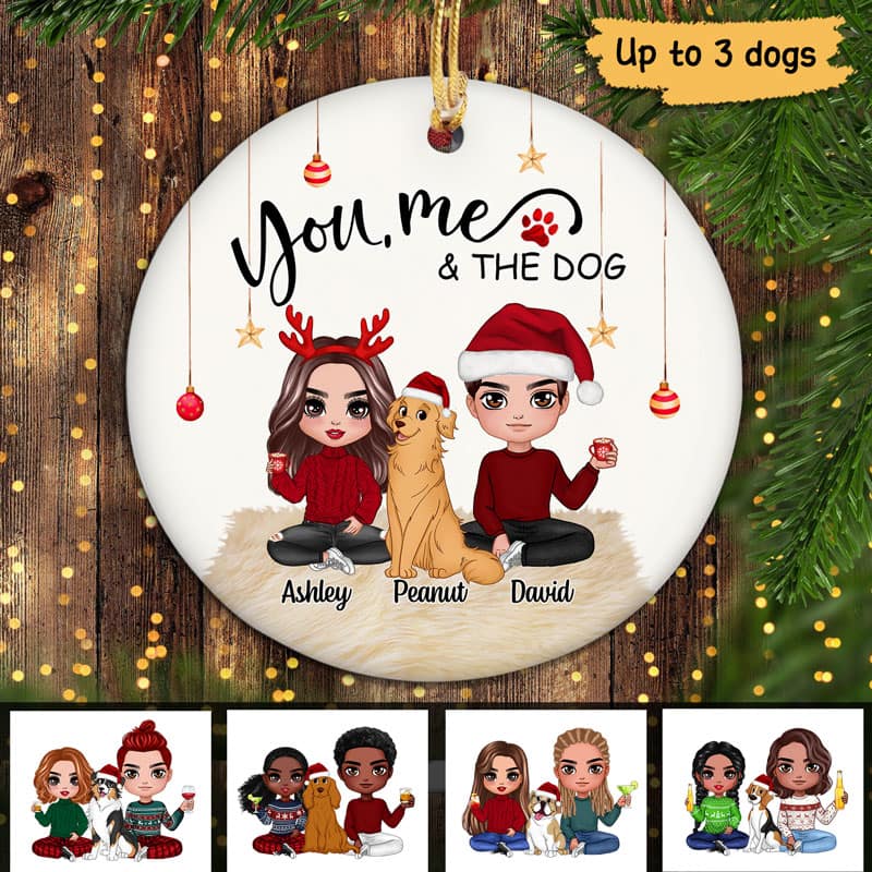 Doll Couple Sitting With Dogs Christmas Personalized Circle Ornament