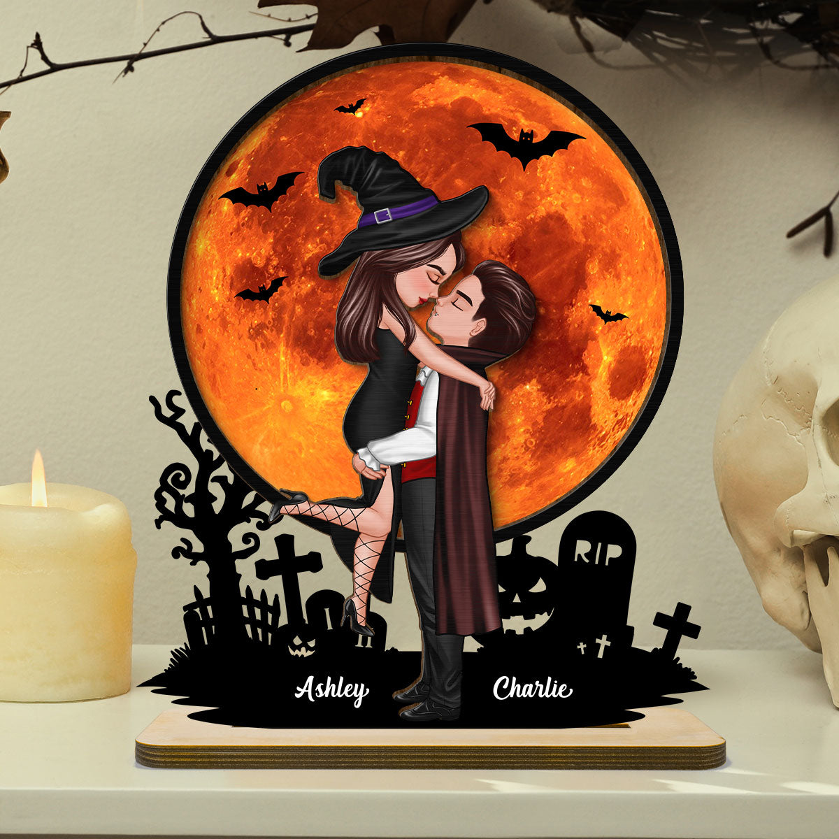 Couple Hugging Under Halloween Moon Tabletop Tier Tray Decor Personalized 2-Layer Standing Wooden Plaque