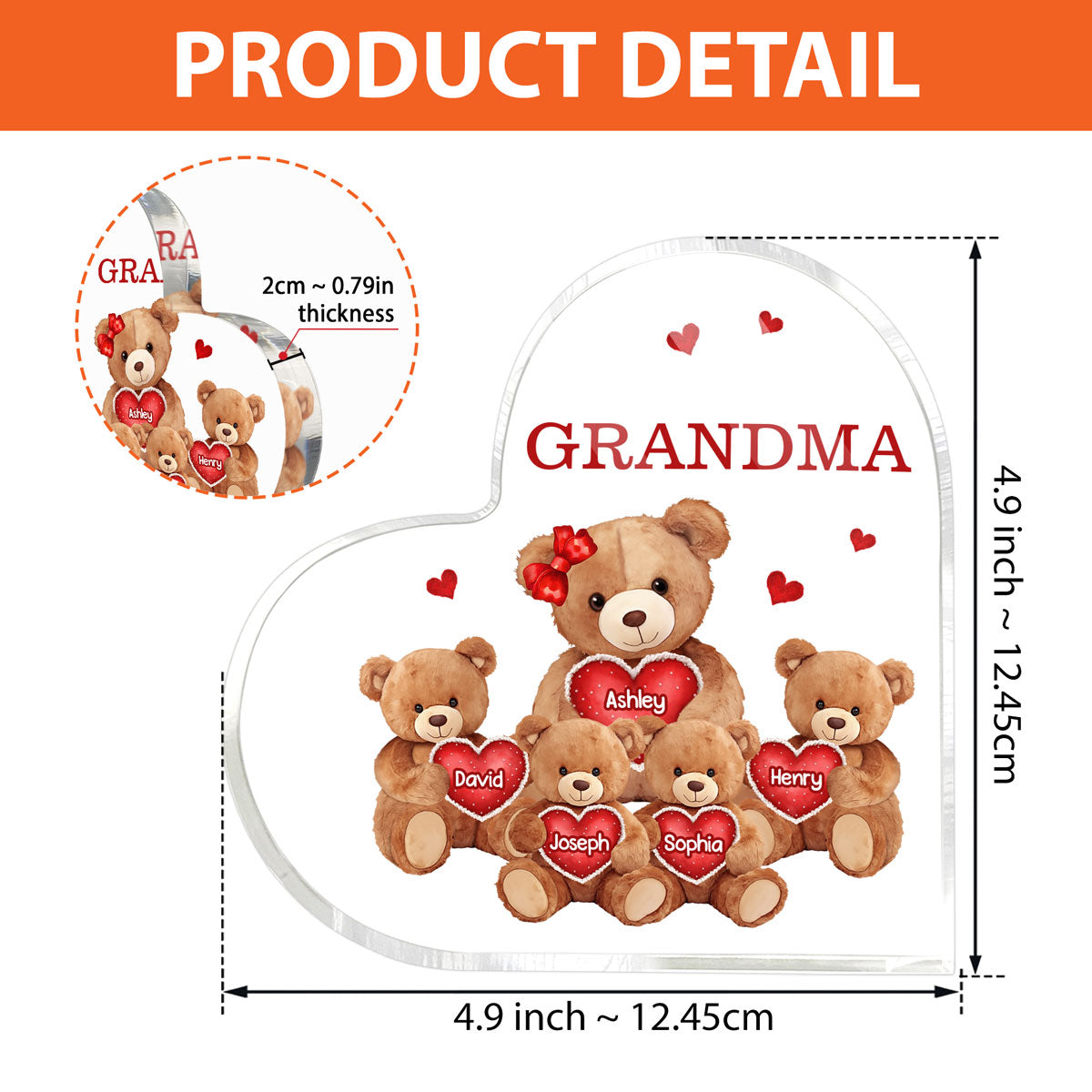 Grandma Mom Auntie Bear Personalized Heart Acrylic Plaque