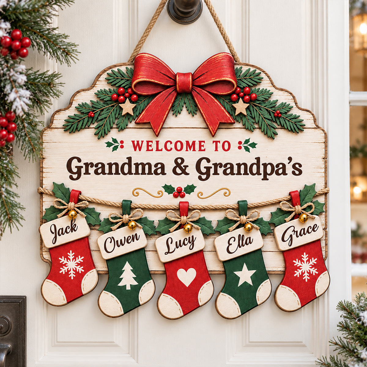 Merry Christmas Family Stockings 2D Flat Printed - Personalized Wood Sign - Christmas Decor For Family, Grandparents