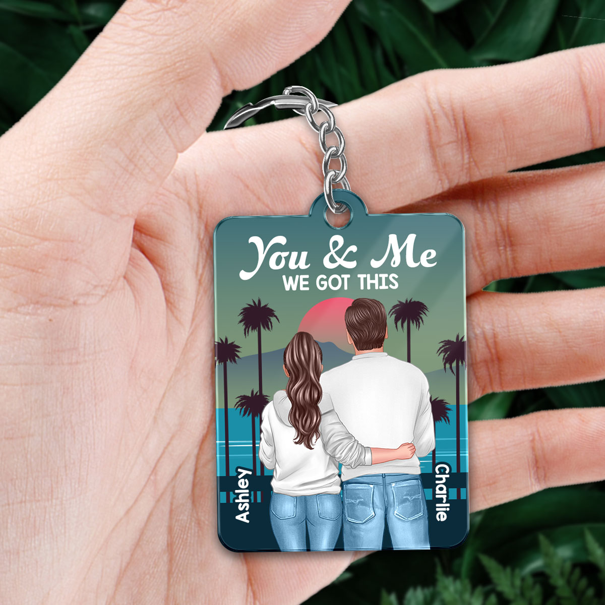 Retro Back View Couple Standing Hugging Favorite Song QR Code Personalized Acrylic Keychain