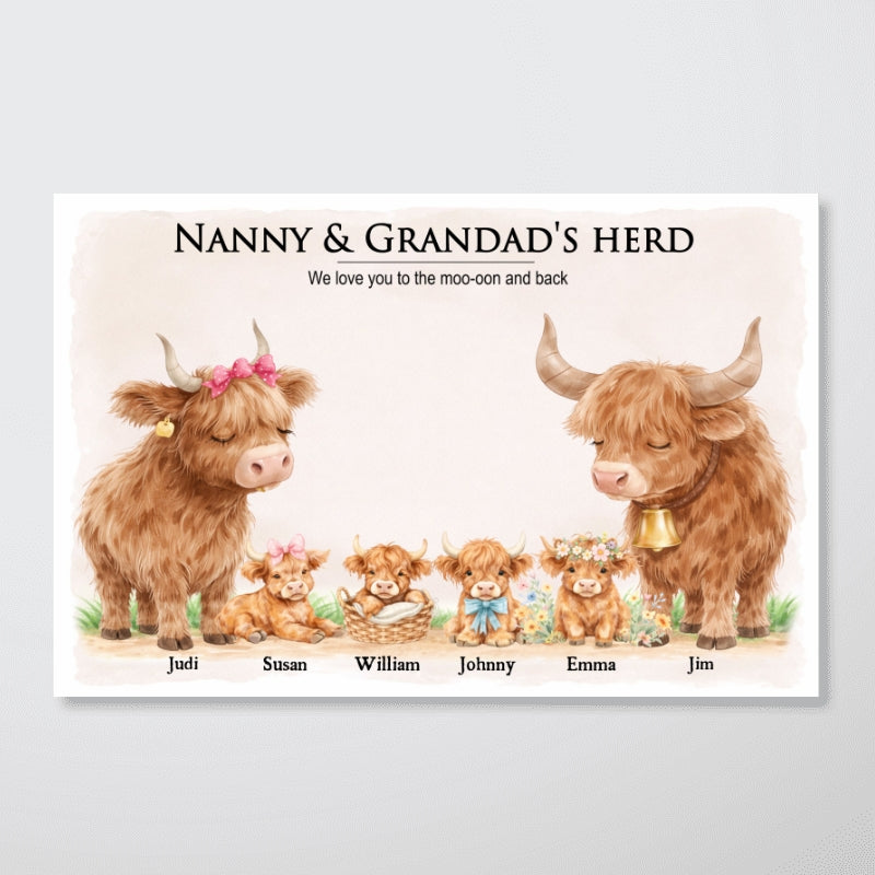 Nanny & Grandad's Herd Highland Cow Family - Personalised Poster - UK Mother's Day Gift for Grandma, Grandpa