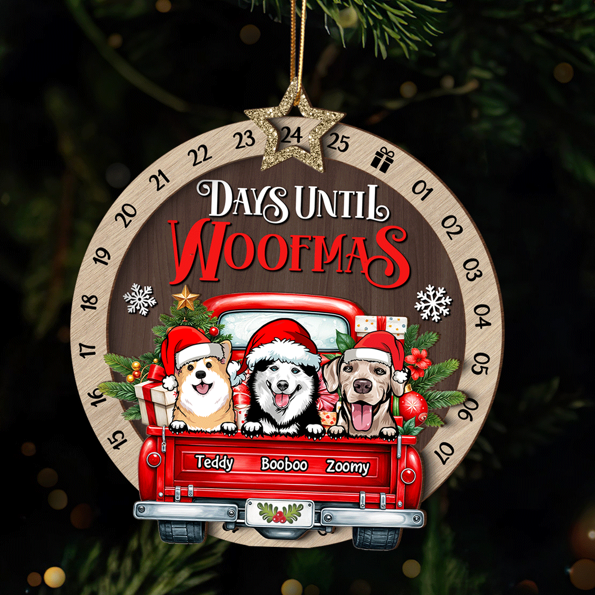 Days Until Woofmas Dogs On Truck Personalized Countdown Ornament, Christmas Gift For Dog Lovers