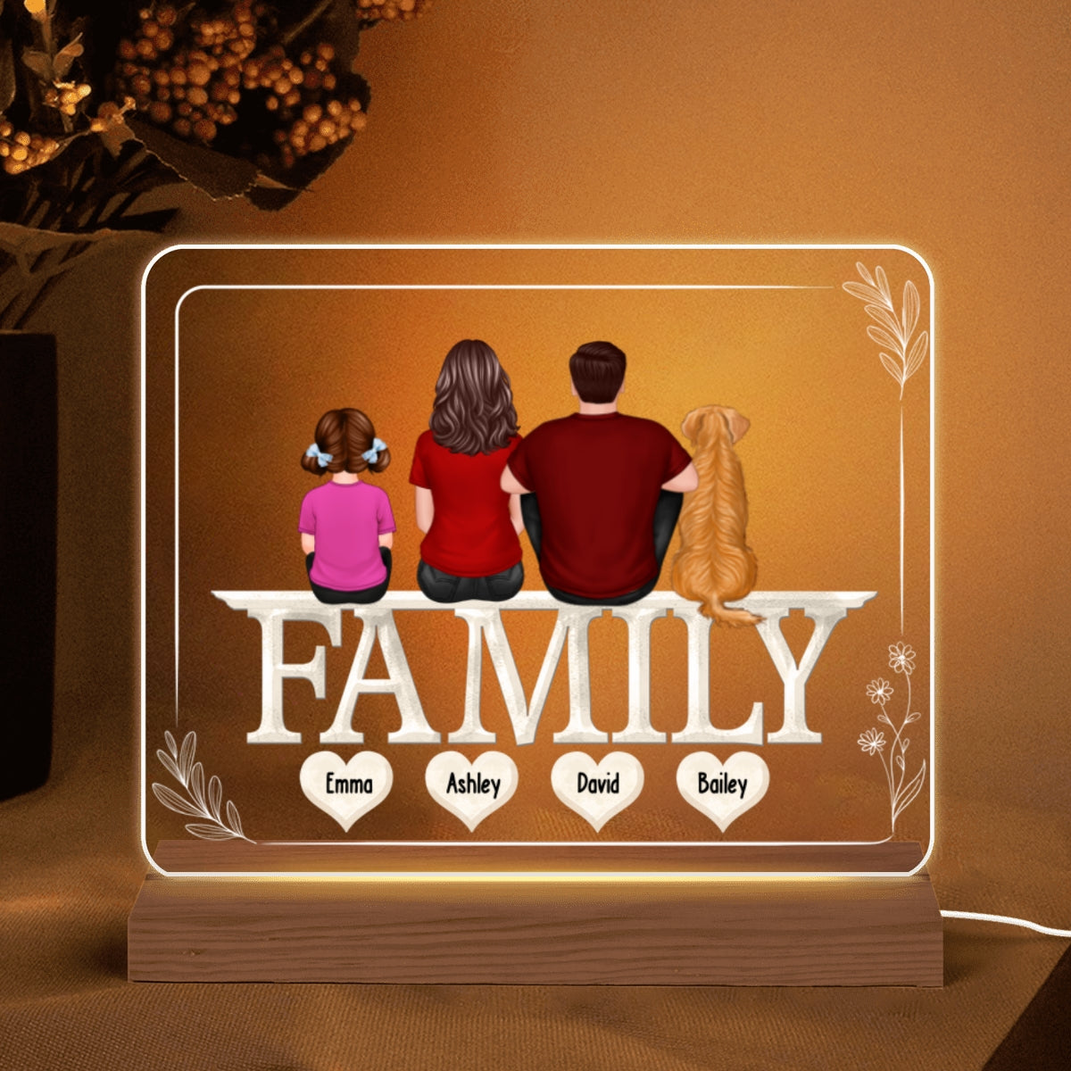 Family Back View Sitting On Text Personalized Acrylic Custom Shape LED Night Light