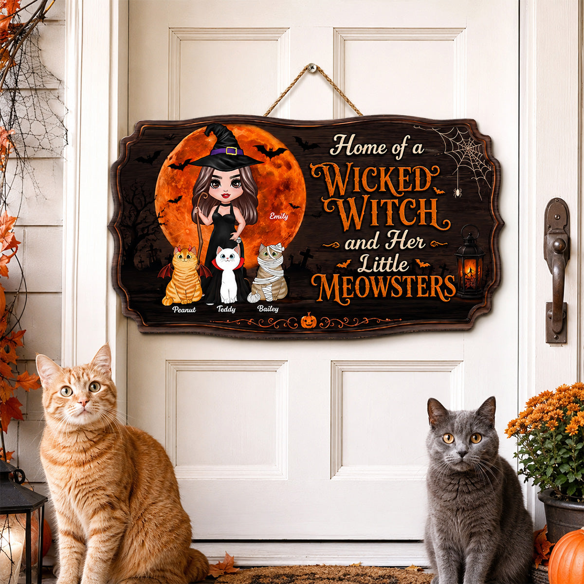 Home Of A Wicked Witch And Little Meownsters - Personalized Door Hanger Sign - Halloween Wigan Pagan Decor For Cat Mom