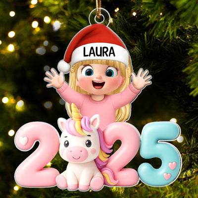 3D Effect Happy Kid With Unicorn Numbers - Personalized Acrylic Ornament - Christmas Gift For Kids, Grandkids, Granddaughter