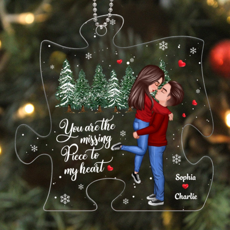 The Missing Piece To My Heart Christmas Winter Doll Couple Hugging Kissing Personalized Acrylic Ornament