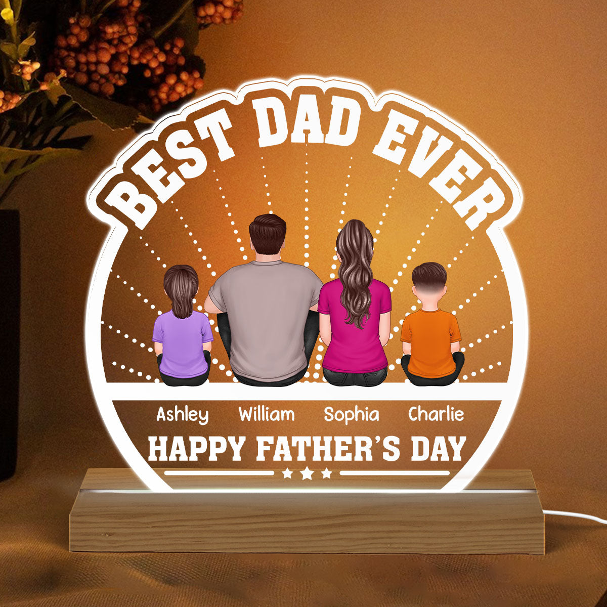 Best Dad Ever Back View Man Kids Dog Cat Personalized Custom Shaped Acrylic Plaque With Warm LED Night Light