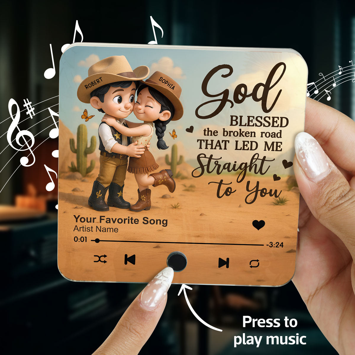 Favorite Place Is Next To You Cartoon Style Countryside Couple Cowboy Cowgirl Personalized Music Fridge Magnet