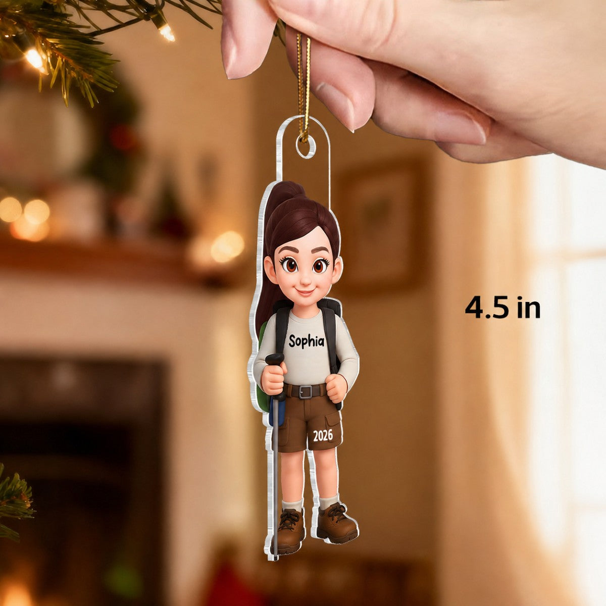 Christmas Boy Girl Hiking - Personalized Acrylic Ornament - Gift For Hiking Lovers, Hikers, Campers, Trekking Mountain, National Park Lovers, Grandson, Granddaughter